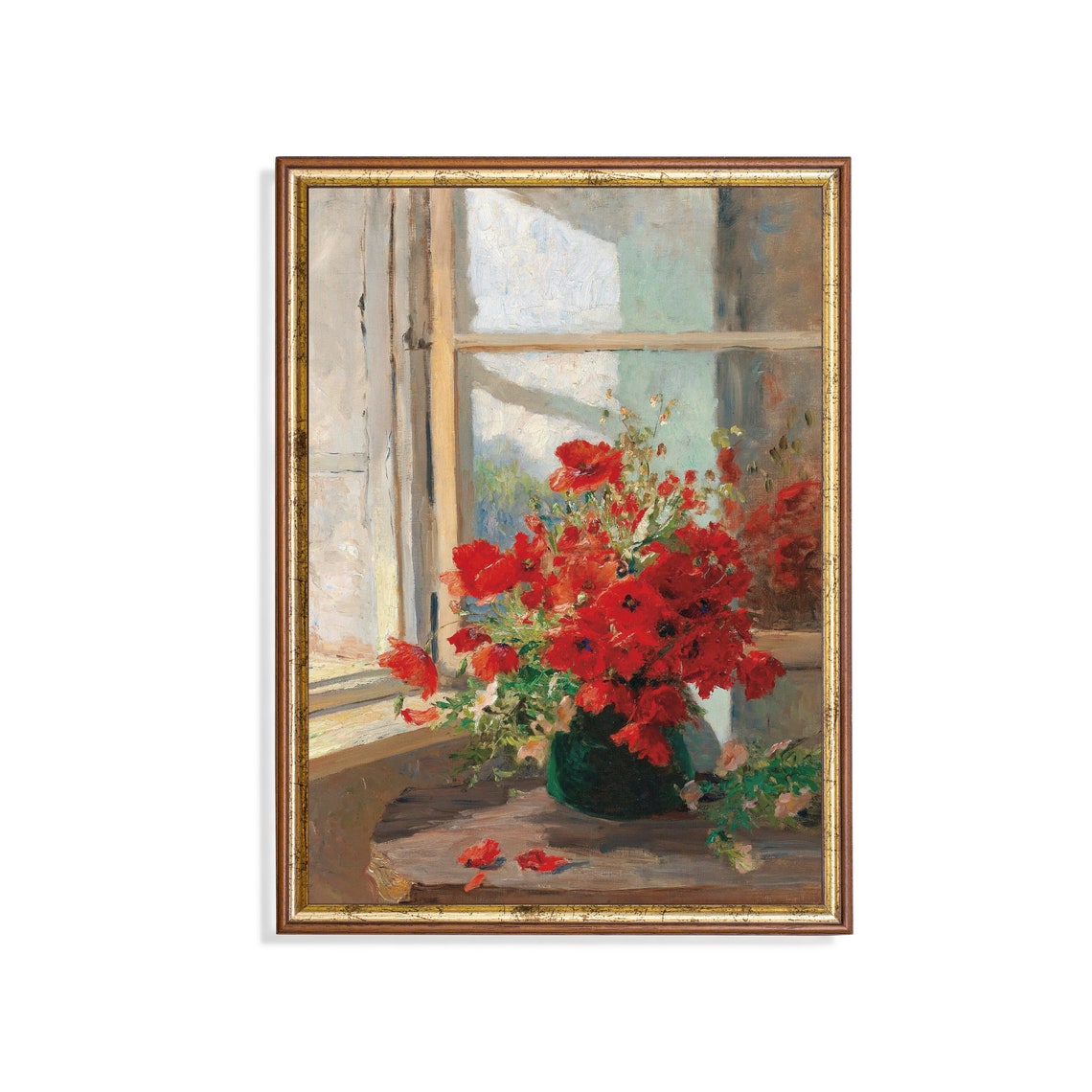 Red Poppies in a Vase by a Sunlit Window Impressionist Art Poster