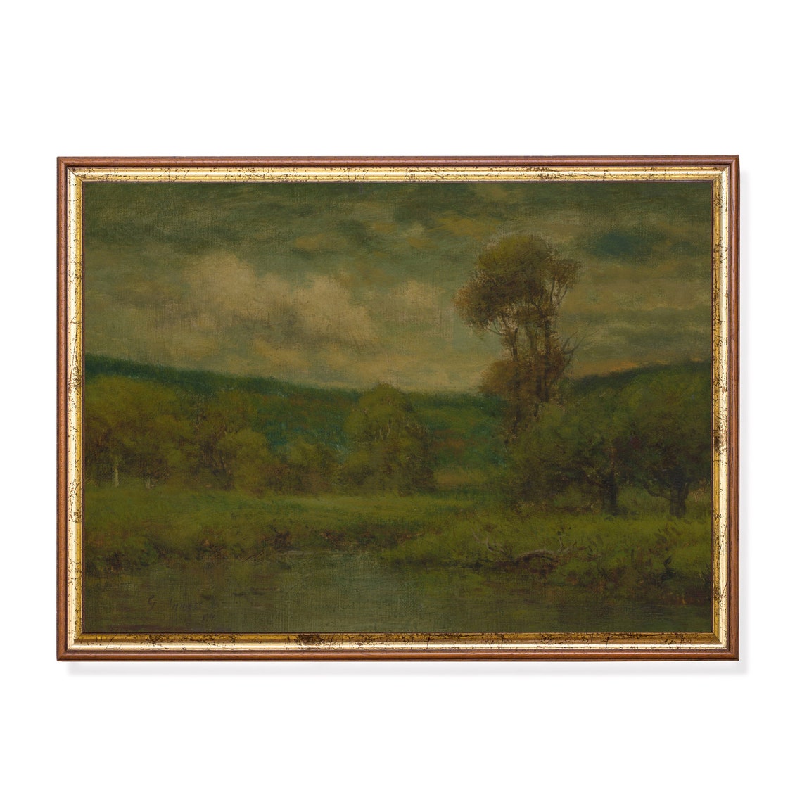Green Valley With Stream Under a Moody Evening Sky Painting Poster