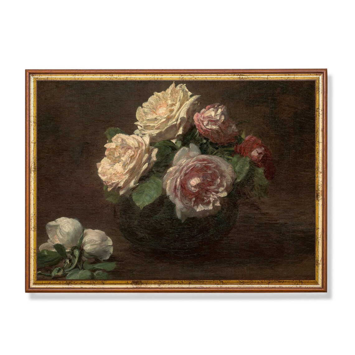 Blush Pink and White Roses Oil Still Life Antique Floral Poster