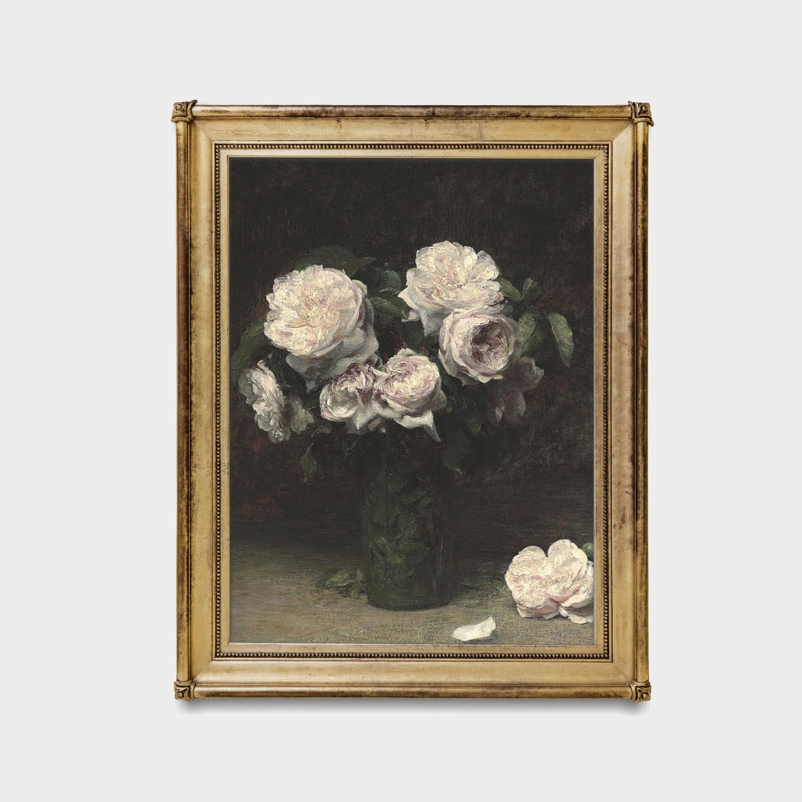 White Roses in a Dark Glass Vase Still Life Vintage Oil Poster - Image 4