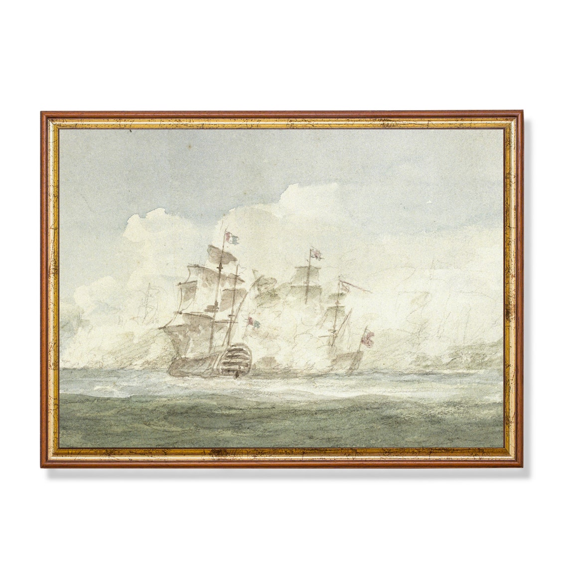 Vintage Seascape Painting Antique Sailing Ship Fine Print Muted Ocean Beach Wall Art Nautical Decor
