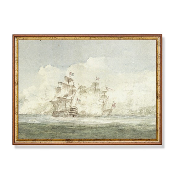 Vintage Seascape Painting Antique Sailing Ship Fine Print Muted Ocean Beach Wall Art Nautical Decor