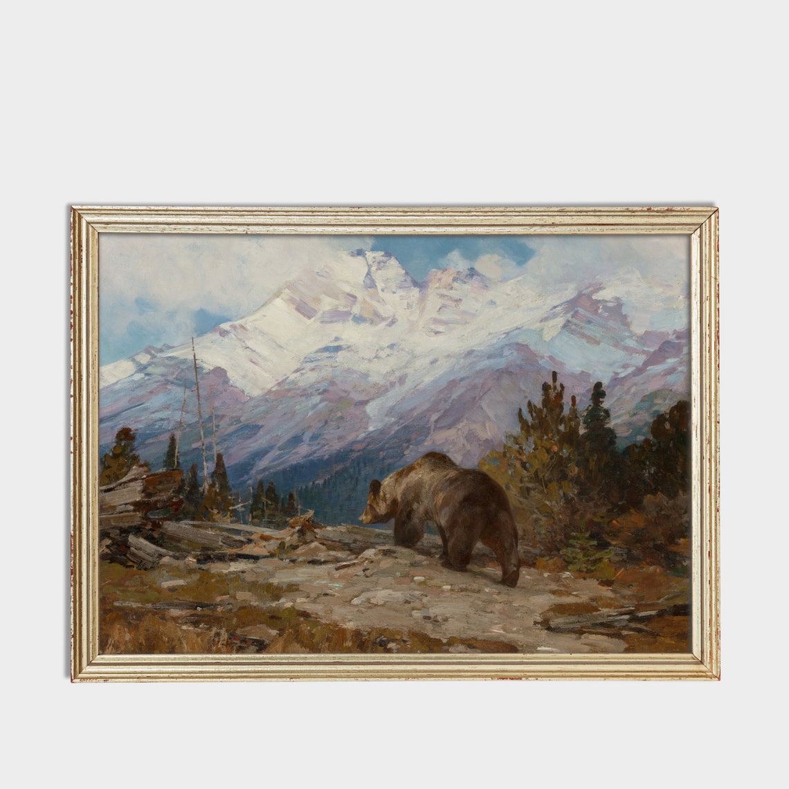 Grizzly Bear Below Snow Capped Alpine Peaks Wildlife Painting Poster - Image 3