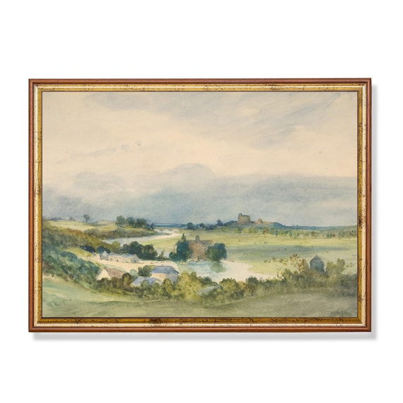 Vintage Country Landscape Painting, Farmhouse Decor