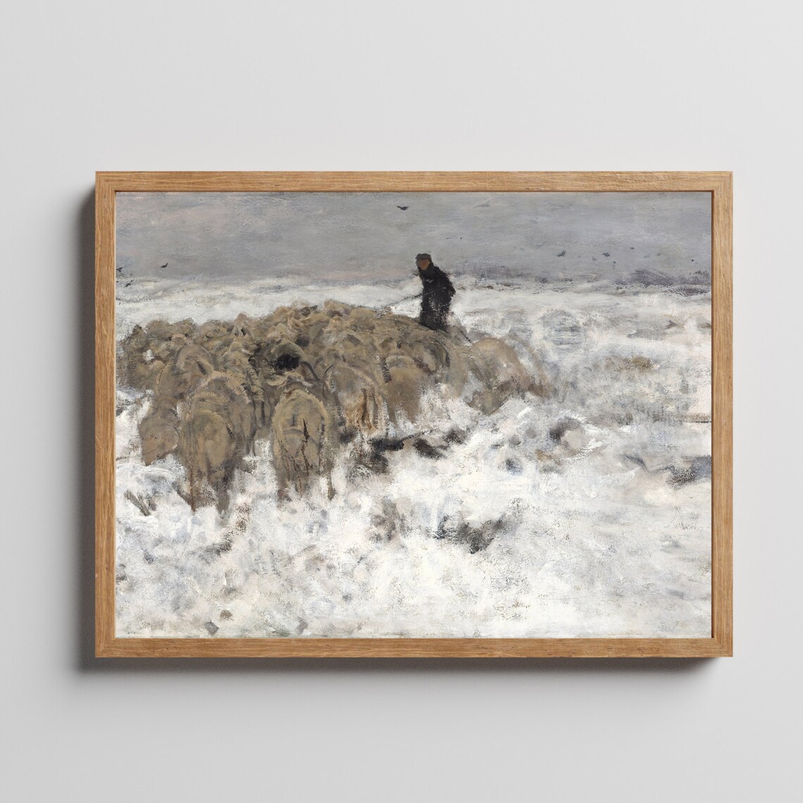 Shepherd Driving Sheep Through a Winter Snowstorm Painting Poster - Image 2
