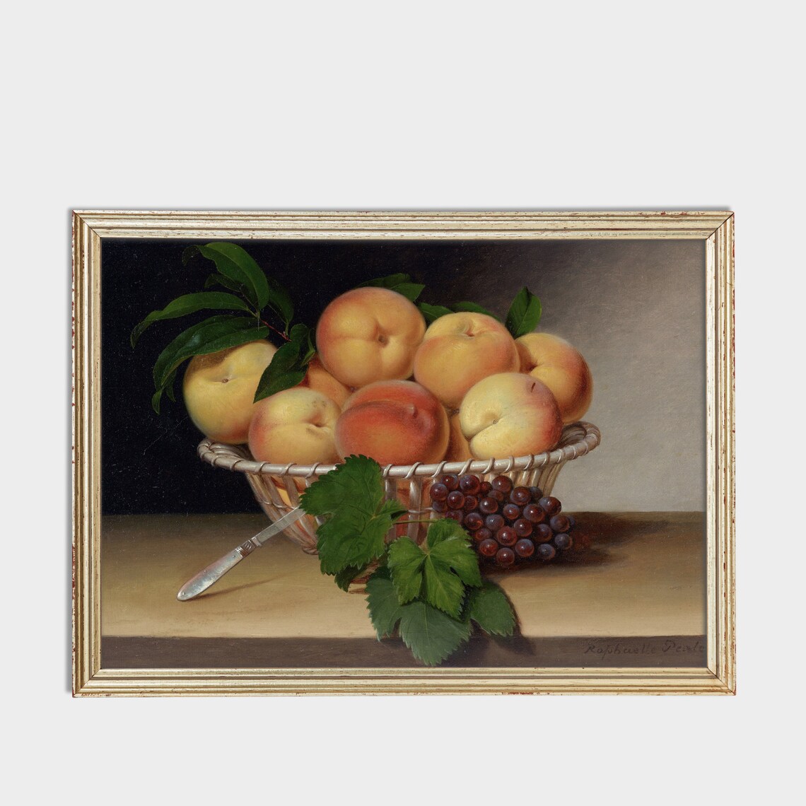 Wicker Basket of Peaches with Grapes Vintage Still Life Wall Art - Image 3