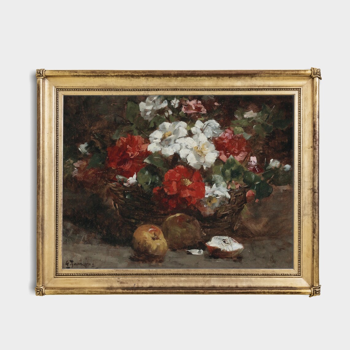 Basket of Red and White Roses with Apples Antique Still Life Poster - Image 2