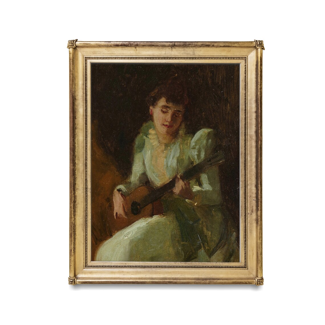 Woman in Green Dress Playing Guitar Moody Vintage Music Art Portrait Poster - Image 5