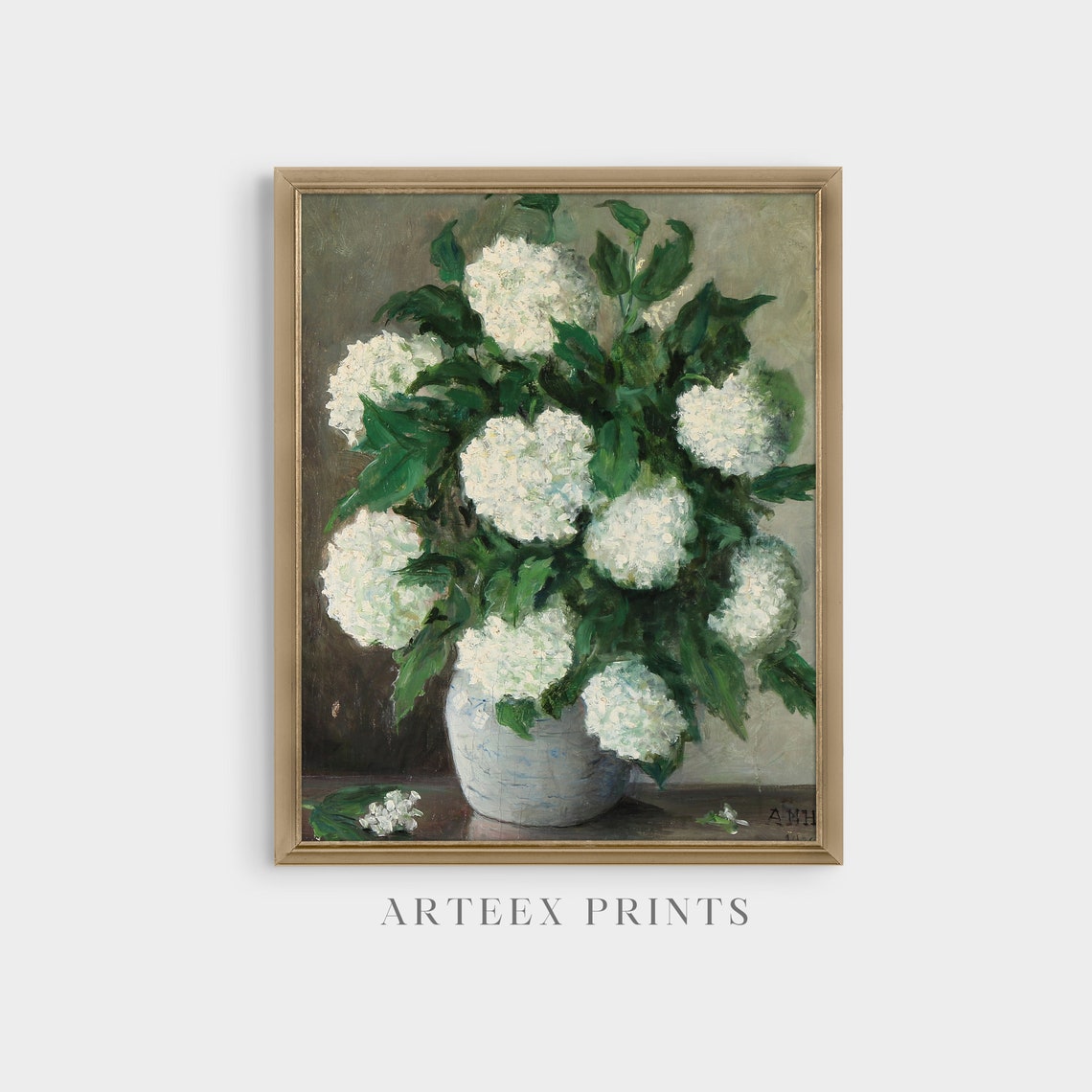 White Hydrangea Bouquet In Vase Vintage Floral Still Life Poster