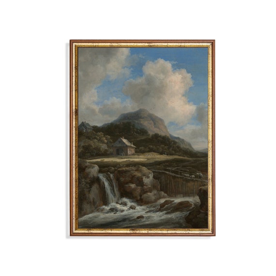 Printed And Shipped Vintage Mountain Stream Painting Antique Landscape Print Rustic Farmhouse Decor Physical Prints Fine Art