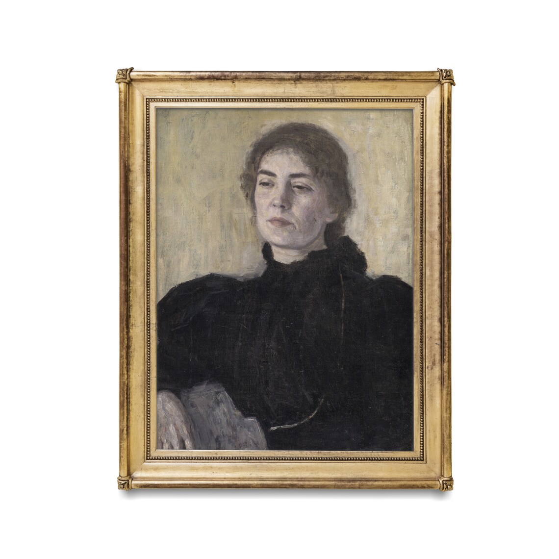 Moody Woman in Black High Collar Vintage Expressive Portrait Oil Art Poster - Image 3
