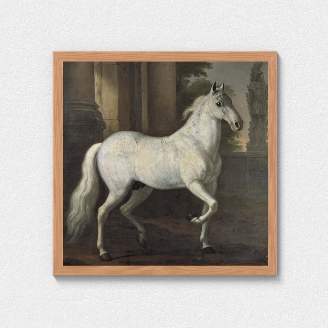 White Stallion Prancing Before Columns Classical Equestrian Poster - Image 3