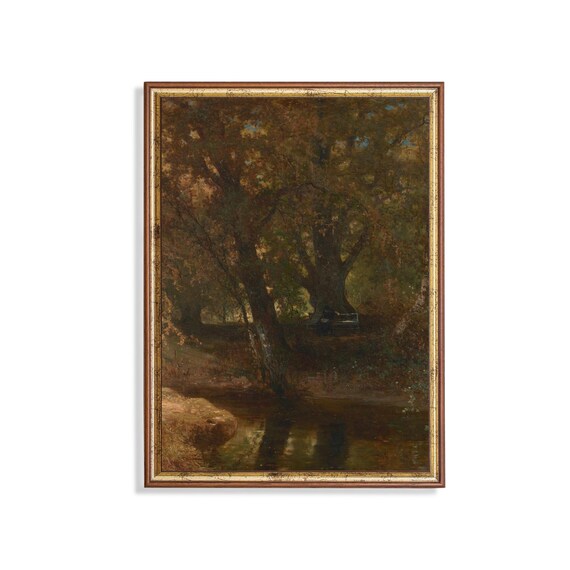 Print And Ship Rustic Landscape Vintage Painting Moody Forest Fine Art Print Cabin Decor Vertical Nature Antique Print Mailed Art
