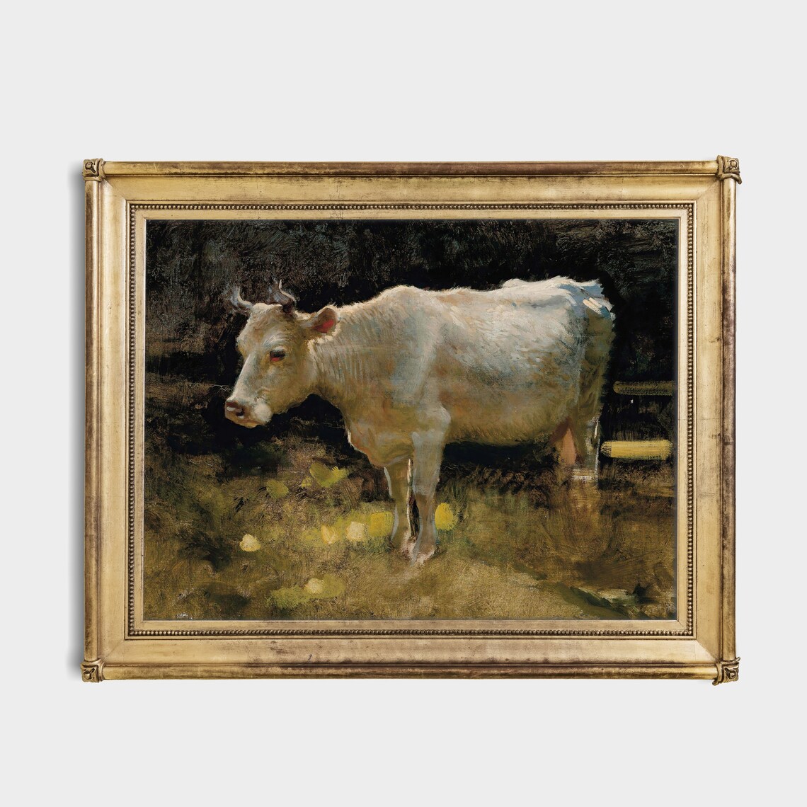 White Cow Standing in a Moody Dark Pasture Animal Painting Poster - Image 2
