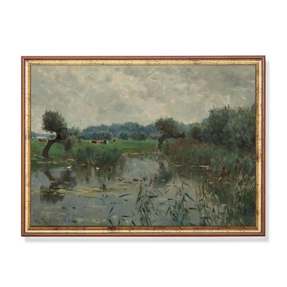 Printed And Shipped Vintage Landscape Painting Antique Country Landscape Rustic Art Physical Prints Water Meadows On The River