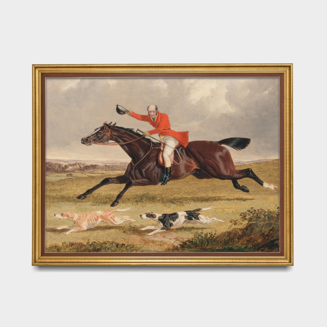 Red-Coated Hunter Galloping on a Dark Horse with Two Hounds Poster - Image 3