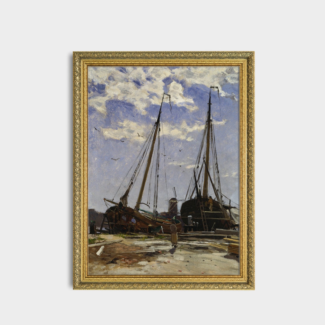 Beached Sailing Ships Daytime Shipyard Vintage Maritime Scene Poster - Image 3