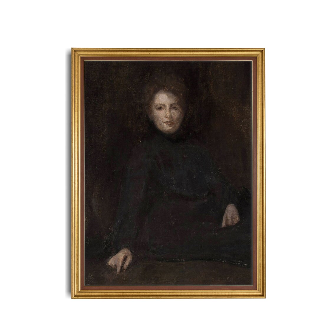 Dark Moody Portrait of a Young Woman in Black Vintage Oil Poster - Image 3