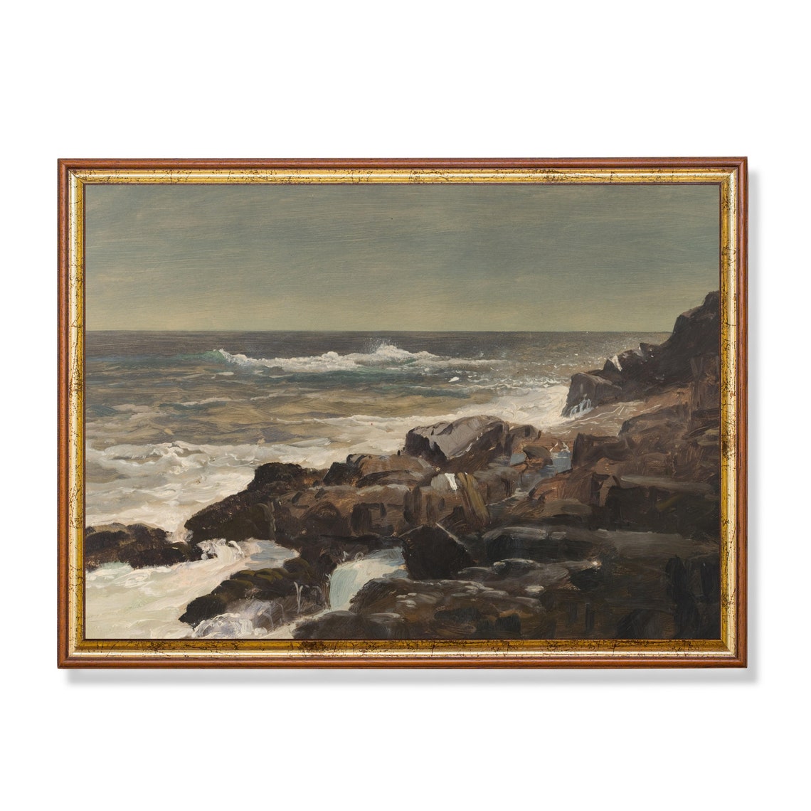 Vintage Seashore Painting Antique Ocean Beach Print Coastal Decor Wall Art Moody Rustic Fine Art Print