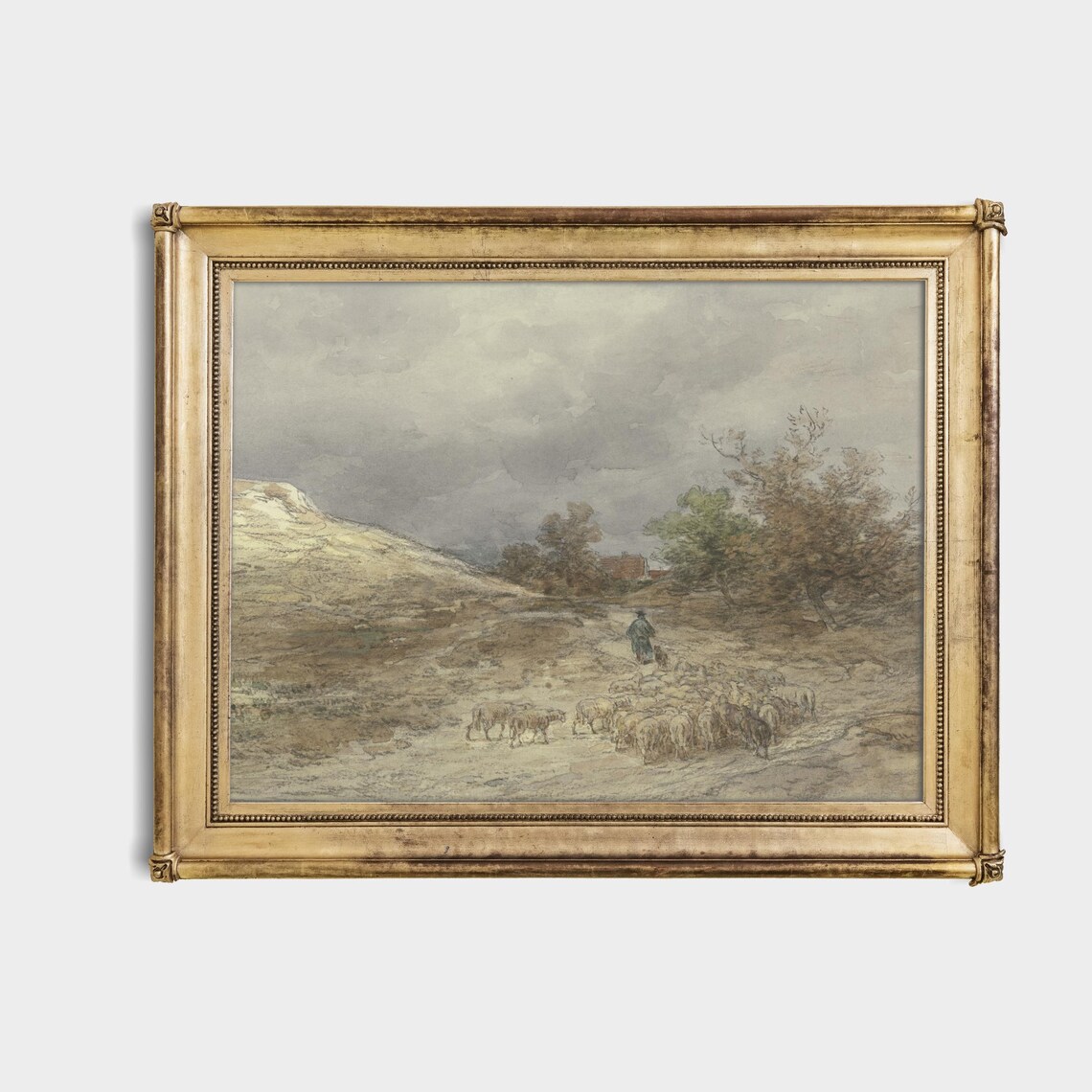 Shepherd With A Flock Of Sheep On The Moor Watercolor Poster - Image 4