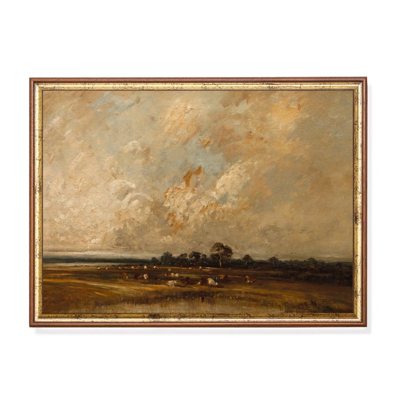 Mailed Print Landscape Painting Vintage Cows Print Antique Meadow Landscape Cattle Artwork Moody Rustic Art Printed And Shipped