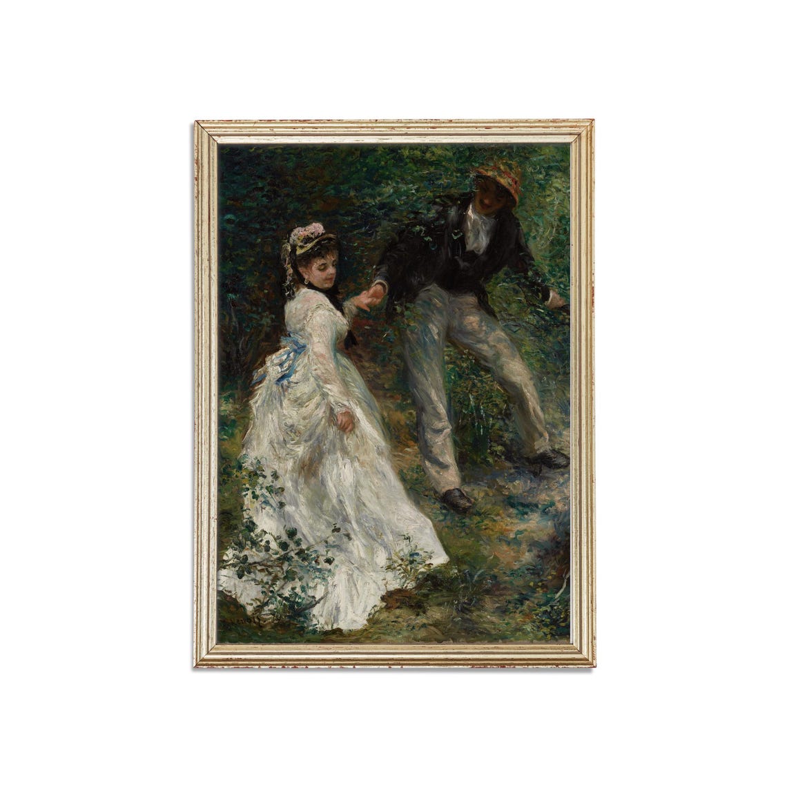 Young Couple Strolling Through a Garden Antique Oil Art Poster - Image 3