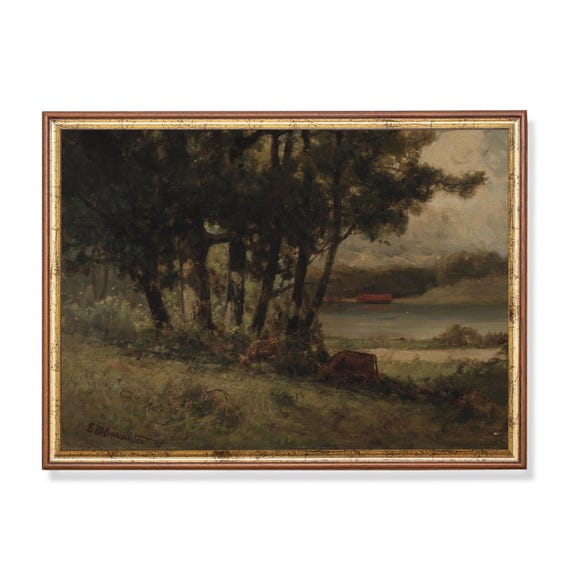 Mailed Print Landscape Painting Vintage Cows Print Antique Meadow Landscape Cattle Artwork Moody Rustic Art Printed And Shipped