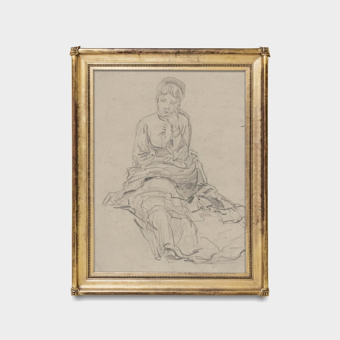 Seated Young Woman In A Dress Pencil Sketch Vintage Drawing Poster - Image 5