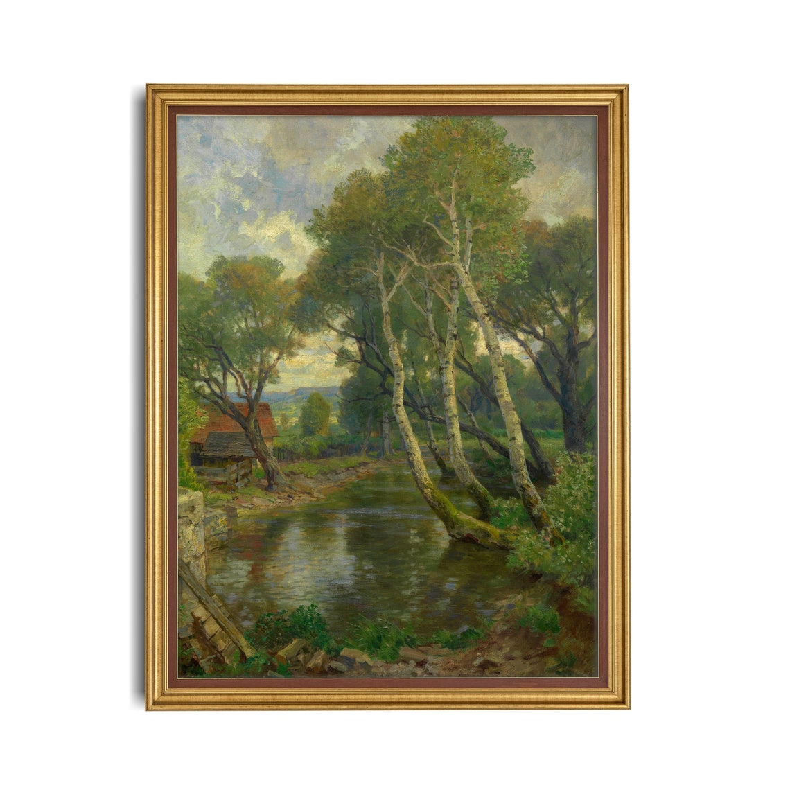 Birch Trees Leaning Over a Quiet Forest Stream Vintage Poster - Image 2