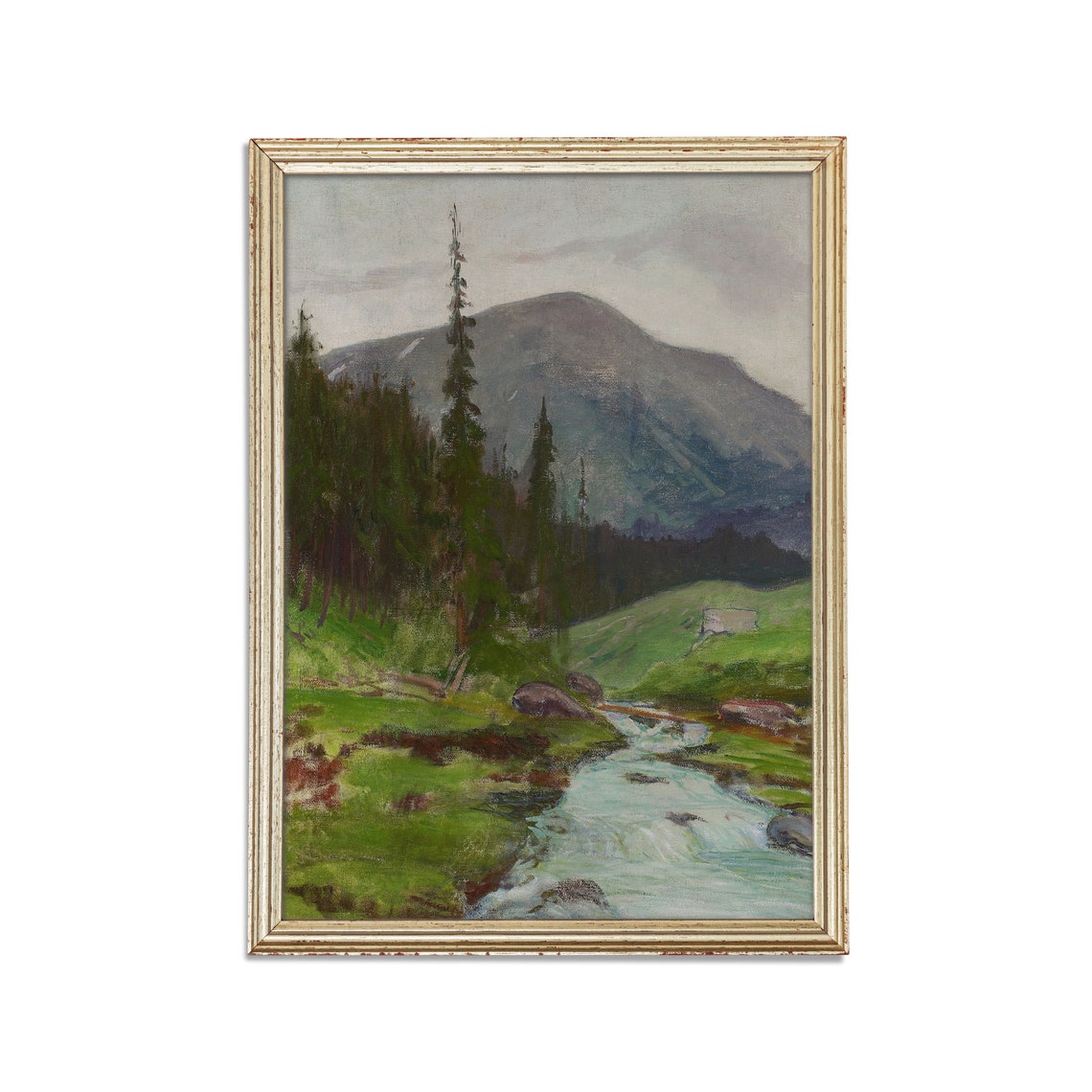 Mountain Stream Through Pines Antique Vertical Alpine Painting Poster - Image 2