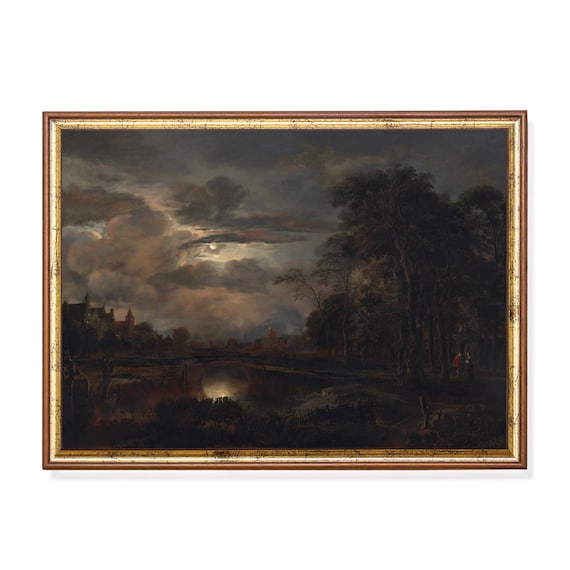 Vintage Moonlit Landscape, Dark Academia Art Print