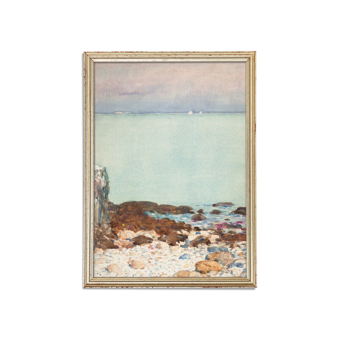 Rocky Shoreline with Pale Sea and Distant Ships Watercolor Poster - Image 5