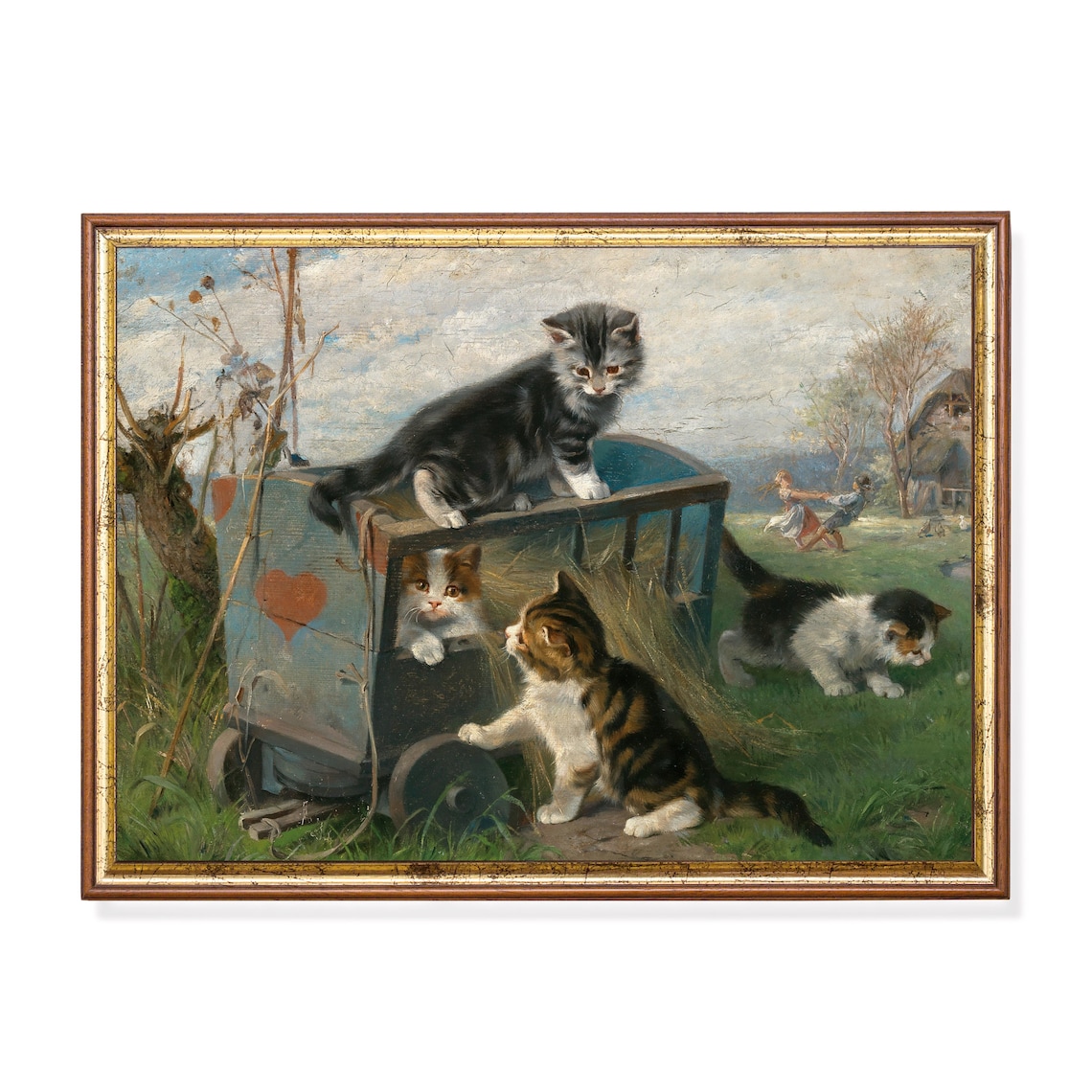 Playful Kittens Climbing on a Small Hay Cart Vintage Painting Poster