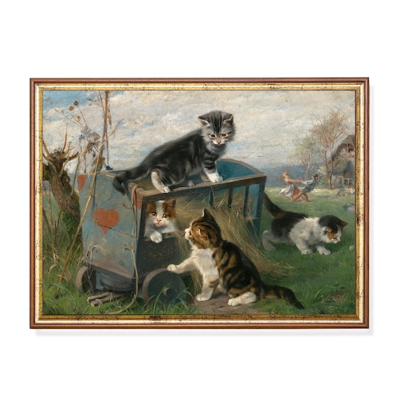 Vintage Kittens Playing Hay Cart Meadow Farm Animal Painting Poster