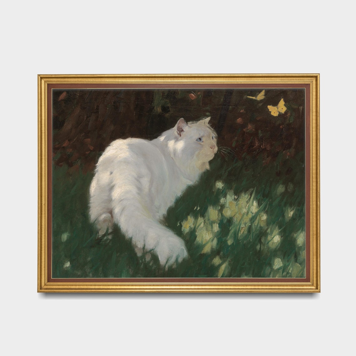 Fluffy White Cat Watching Yellow Butterflies Antique Animal Poster - Image 2