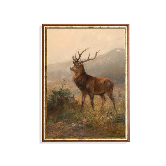 Vintage Red Deer Stag with Antlers in Misty Mountain Meadow Poster