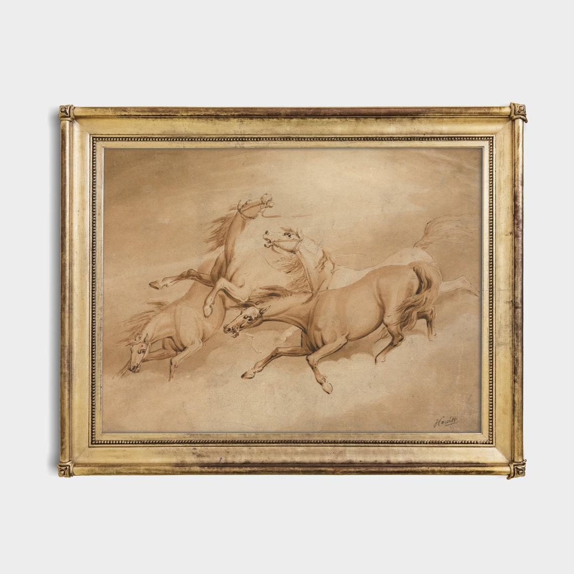 Four Galloping Horses in Sepia Ink Sketch Equestrian Art Poster - Image 2