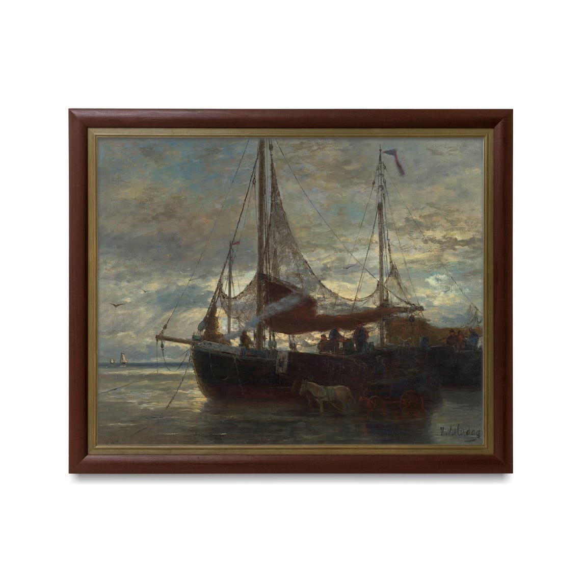 Fishing Boat Harbor Sunset Vintage Nautical Seascape Art Poster - Image 3