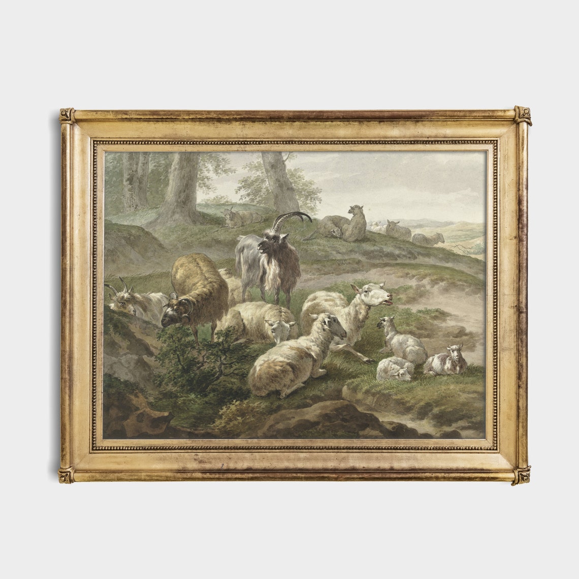 Sheep and Goats Resting on a Grassy Hillside Pastoral Poster - Image 2
