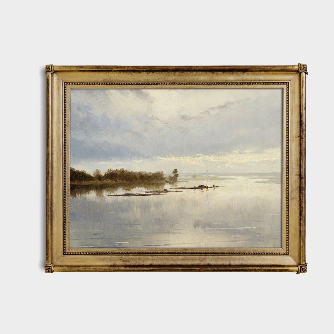 Wide Calm River with Fishermen Boats at Dawn Antique Landscape Poster - Image 2
