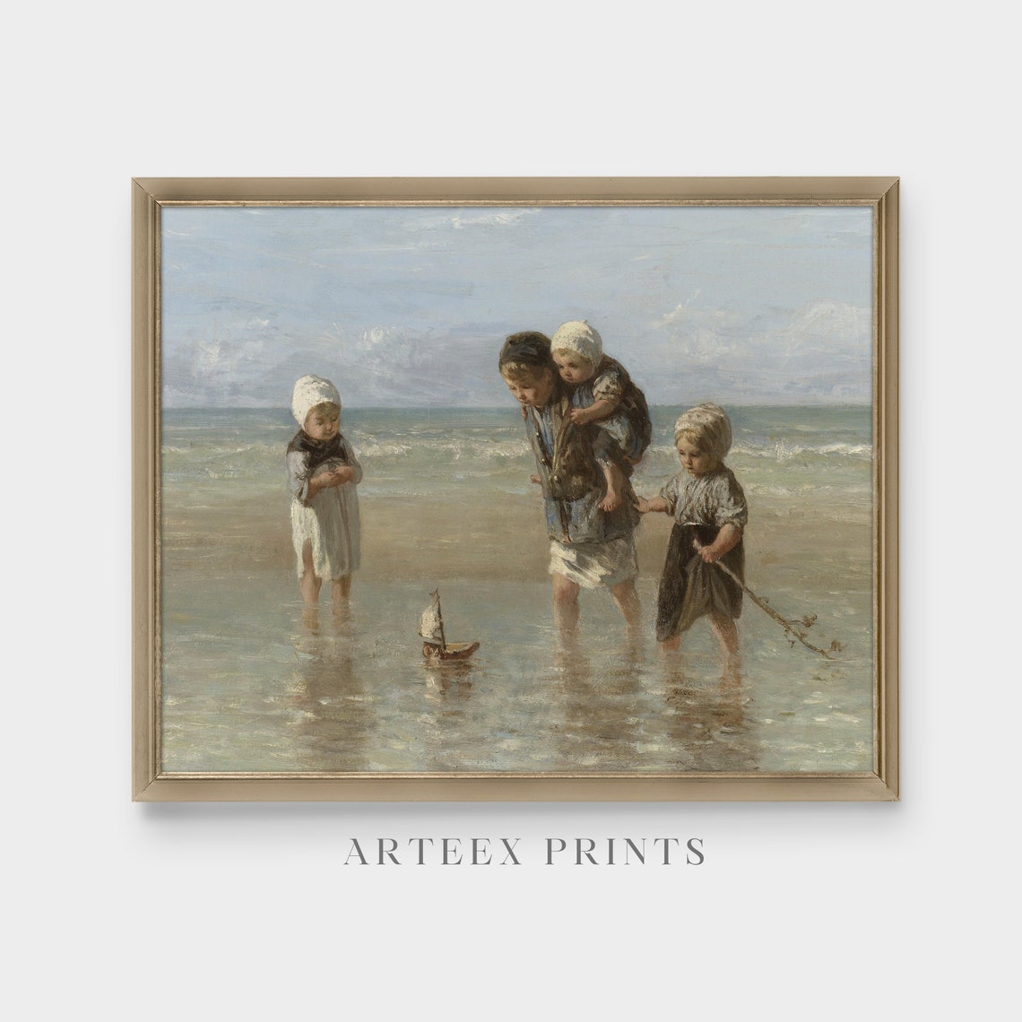 Children Playing with a Toy Sailboat at the Seashore Vintage Poster - Image 5