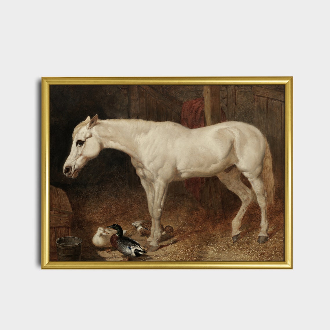 White Horse in Stable with Mallard Ducks Antique Animal Print - Image 2