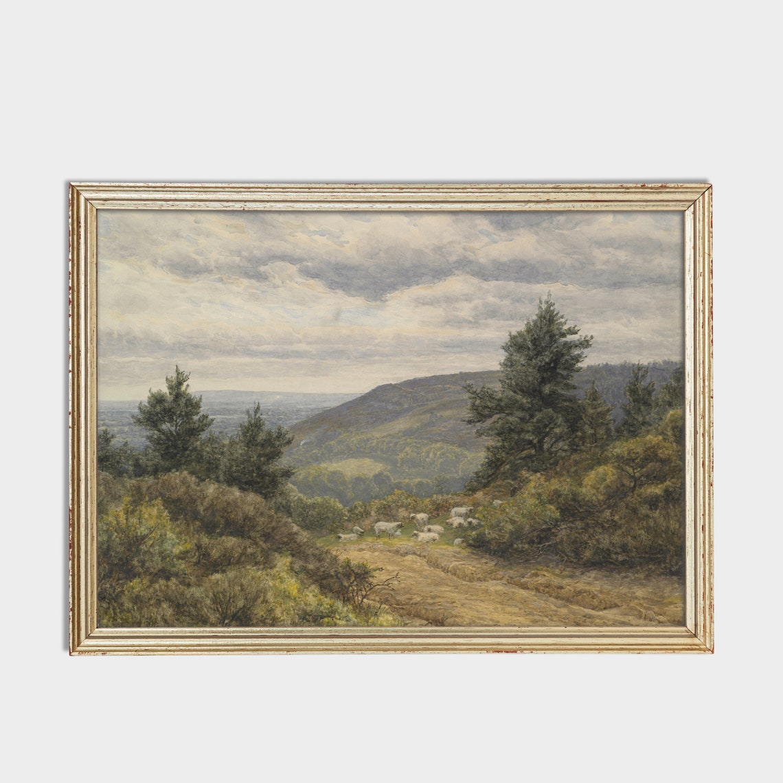 Flock of Sheep Grazing on a Heather Hillside Pasture Painting Poster - Image 2