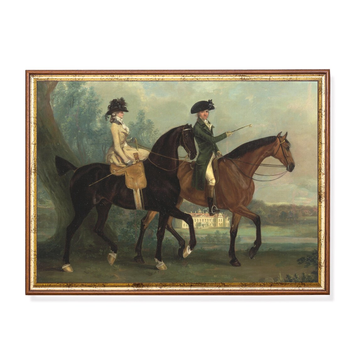 Elegant Riders on Horseback Before a Grand Manor House Poster