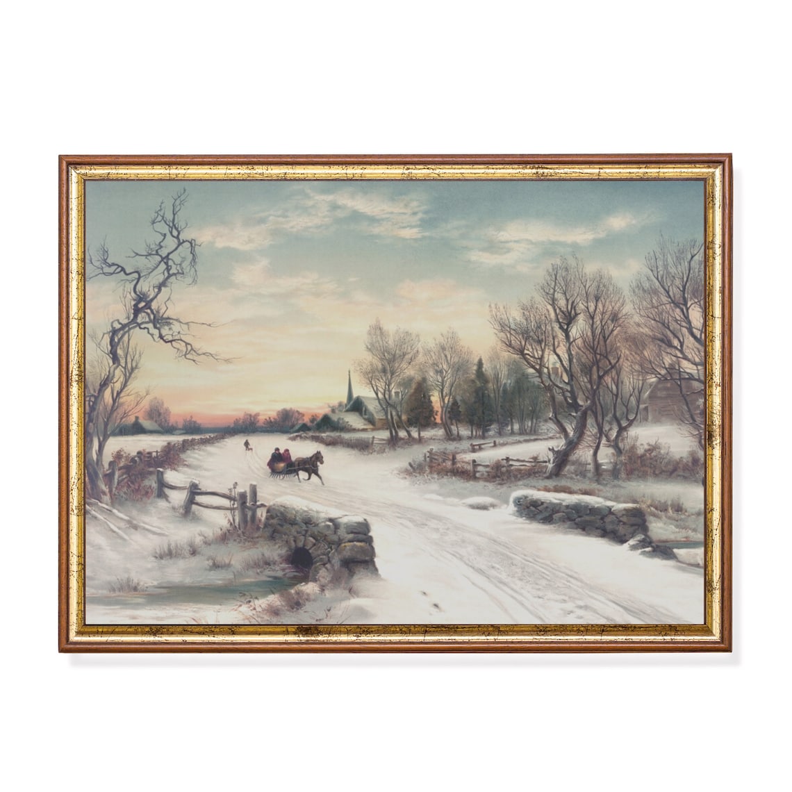 Winter Landscape Snow Village City, Vintage Art Print