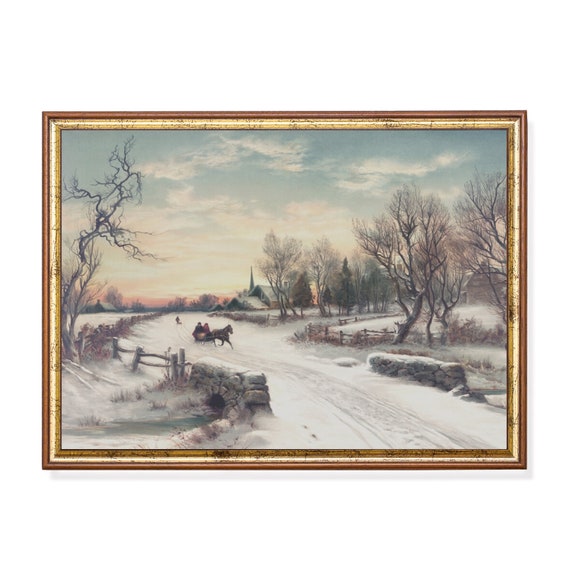 Winter Landscape Snow Village City, Vintage Art Print