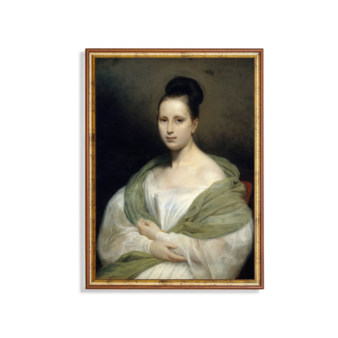 Vintage Woman Portrait With Green Shawl Antique Oil Art Poster