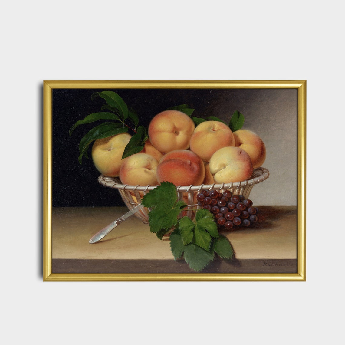 Wicker Basket of Peaches with Grapes Vintage Still Life Wall Art - Image 2
