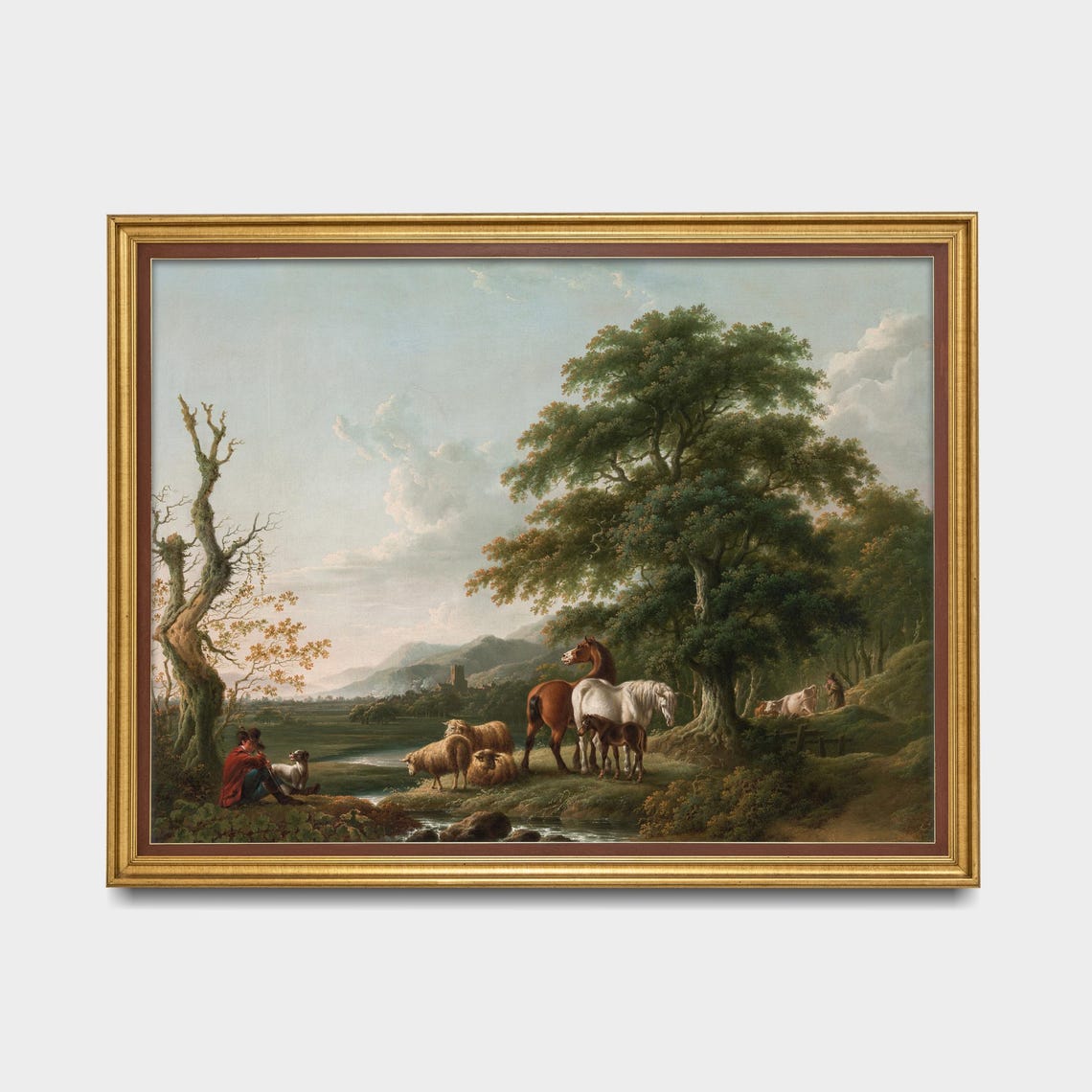 Shepherd with Horses Sheep and Dog by a Stream Pastoral Poster - Image 4