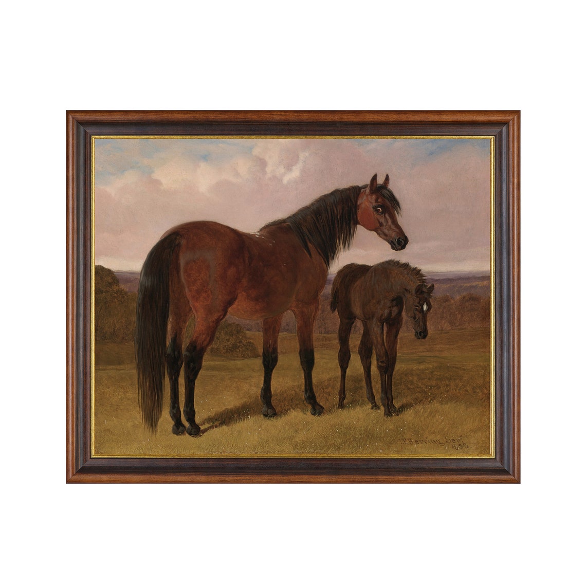 Chestnut Mare and Foal Pasture Vintage Equestrian Painting Poster